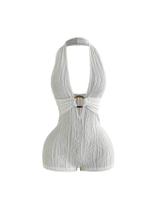 Macacão feminino BEAUDRM de verão Halter Deep V sem encosto branco Macacão feminino BEAUDRM de verão Halter Deep V sem encosto branco