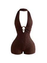Macacão feminino BEAUDRM de verão Halter Deep V sem encosto marrom Macacão feminino BEAUDRM de verão Halter Deep V sem encosto marrom