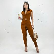 Macacão Feminino Botões Longo Com Cinto Bengaline Social Macacão Feminino Botões Longo Com Cinto Bengaline Social