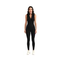 Macacão Feminino Canelado Sem Mangas Com Zíper Frontal Para Ioga E Treino, Sem Costura, Justo Ao