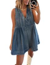 Macacão feminino casual de verão Perbai, jeans com decote em V, azul escuro