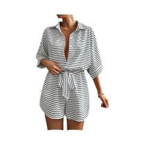 Macacão Feminino Casual De Verão, Soltinho, Confortável, Listrado, Com Manga Morcego E Botões