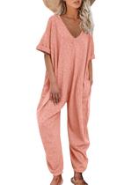 Macacão feminino casual Niovien com decote em V, macacão folgado coral 2GG Macacão feminino casual Niovien com decote em V, macacão folgado coral 2GG