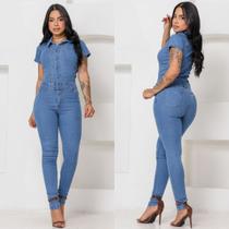 Macacão Feminino Casual Skinny Lycra Manga Curta Jeans Botões Encapados Macacão Feminino Casual Skinny Lycra Manga Curta Jeans Botões Encapados