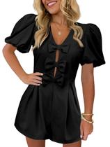 Macacão feminino Cicy Bell, lindo laço frontal, decote em V, manga folhada