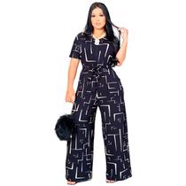 Macacão Feminino Com Bolso Longo Manga Curta Estilo Blogueira Saruel Estampado Com Cintinho Moda Macaquinho