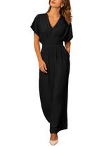 Macacão feminino CUPSHE de verão com decote em V, asa de morcego, franzido, preto, S