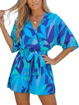 Macacão feminino CUPSHE Mini Summer Beach com decote em V azul tropical Macacão feminino CUPSHE Mini Summer Beach com decote em V azul tropical