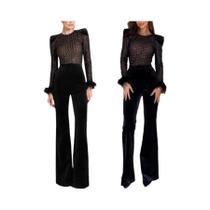 Macacão Feminino De Veludo Dourado Com Patchwork, Manga Longa, Ajuste Slim, Decote Redondo, Moda