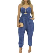 Macacão Feminino De Verão Em Jeans Sem Costas Com Alças De Corrente Casual Tendência Com Bolsos