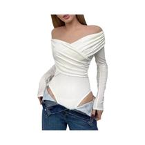 Macacão Feminino Elegante Básico Com Decote V Franzido E Manga Longa Ombro a Ombro, Ajuste Slim Para