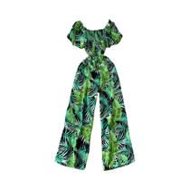 Macacão Feminino Elegante Com Estampa, Decote Quadrado, Costas Plissadas, Calças Longas De Perna