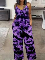 Macacão Feminino Estilo Tie-dye Com Alças Finas, Sem Mangas, Pernas Largas E Dois Bolsos Para