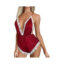 Macacão Feminino Fashionável Sem Mangas Em Cetim Vermelho Com Detalhes Em Renda