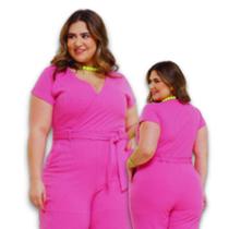 Macacão Feminino Geo Malha Canelada Forrada Gola V Plus Size