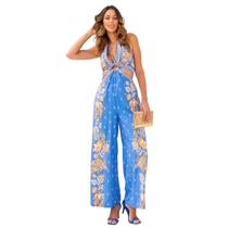 Macacão feminino gola halter decote profundo estampa tropical