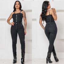 Macacão Feminino Jeans Justo Skinny Alça Botão Ferro