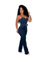 Macacão feminino jeans laycra com cinto Macacão feminino jeans laycra com cinto