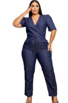 Macacão Feminino Jeans Longo com Elastano Plus Size com Mangas