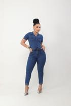 Macacão feminino jeans lycra com cinto