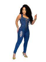 Macacão feminino jeans lycra skinny com ziper frente Macacão feminino jeans lycra skinny com ziper frente