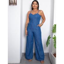 Macacão Feminino Jeans Pantalona Alça Regulável e Lastex Nas Costas Macacão Feminino Jeans Pantalona Alça Regulável e Lastex Nas Costas
