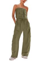 Macacão feminino LAMISSCHE, calça cargo, sem ombro, verde militar