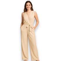 Macacão Feminino Longo Bege Transpassado Pantalona Elegante Casual Festa Verão Macacão Feminino Longo Bege Transpassado Pantalona Elegante Casual Festa Verão