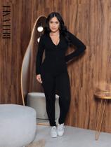 Macacão feminino longo gola alta com zíper canelado premium macacão Virgínia luxo