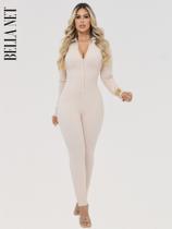 Macacão feminino longo gola alta com zíper canelado premium macacão Virgínia luxo - Nude - P