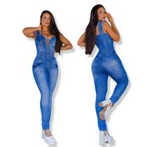 Macacão feminino longo jeans com lycra e alça com elastec