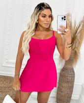 Macacão Feminino Macaquinho Vestido Curto Duna Verão Soltinho Alcinha Com Bojo Plissado Short Saia