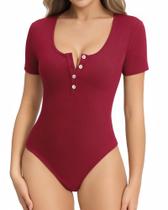 Macacão feminino MANGOPOP com gola redonda Henley de manga curta