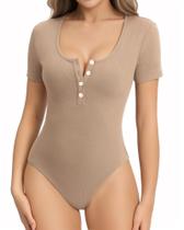 Macacão feminino MANGOPOP com gola redonda Henley de manga curta