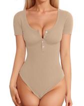 Macacão feminino MANGOPOP com gola redonda Henley de manga curta