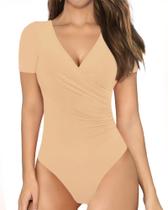 Macacão feminino MANGOPOP, envoltório cruzado, franzido, decote em V