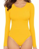 Macacão feminino MANGOPOP, manga comprida, gola redonda, canelado, amarelo