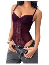 Macacão feminino Milumia, renda floral, malha transparente, marrom Macacão feminino Milumia, renda floral, malha transparente, marrom