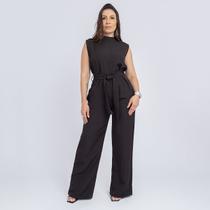 Macacão feminino pantalona soltinho regata cinto gola alta