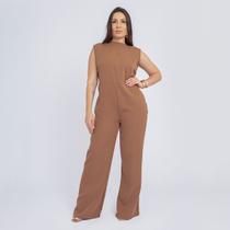 Macacão feminino pantalona soltinho regata cinto gola alta