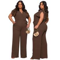 Macacão Feminino Plus Size G1 Cor Moda Marrom Café Transpassado Manga Curta Pantalona Longo Social Macacão Feminino Plus Size G1 Cor Moda Marrom Café Transpassado Manga Curta Pantalona Longo Social