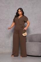 Macacão Feminino Plus Size G1 Cor Moda Marrom Café Transpassado Manga Curta Pantalona Longo Social Macacão Feminino Plus Size G1 Cor Moda Marrom Café Transpassado Manga Curta Pantalona Longo Social