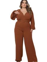 Macacão Feminino Plus Size Pantacourt Manga Longa Macacão Feminino Plus Size Pantacourt Manga Longa