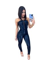 Macacão Feminino Preto sem alça Justo Detalhes Amarração Ajustável Brilho