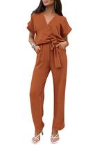 Macacão Feminino PRETTYGARDEN Caramelo com Decote V e Cinto XL