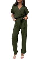 Macacão Feminino PRETTYGARDEN Manga Curta Decote V Transpassado Cinto Verde Militar XL
