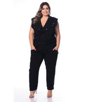 Macacão Feminino Sarja Plus Muscle Preto Razon Jeans