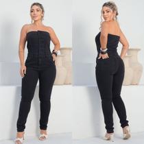 Macacão Feminino sem alça Jeans Elastano com Botões Encapados Macacão Feminino sem alça Jeans Elastano com Botões Encapados