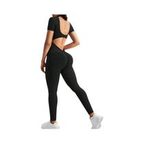 Macacão Feminino Sem Costura Com Decote U E Manga Curta, Conjunto De Yoga Para Fitness E Academia