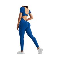 Macacão Feminino Sem Costura Com Decote U E Manga Curta Para Fitness, Academia E Yoga Com Efeito